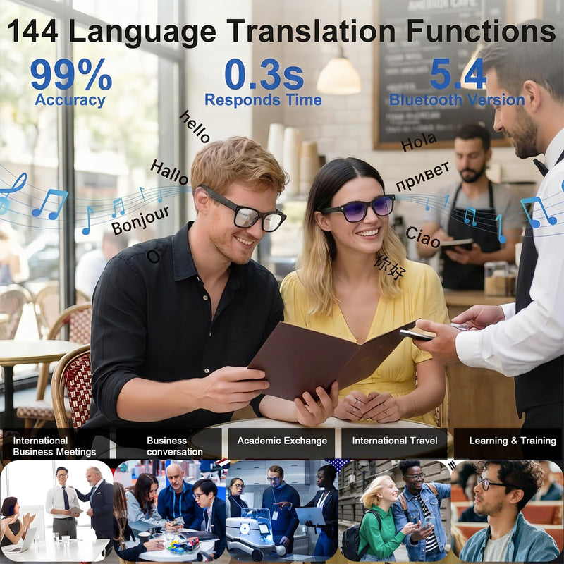AI Smart Glasses with Camera, 8MP HD Bluetooth Camera Glasses for Women Men | 1080P Video Recording Sunglasses, Real Time Translation, Voice Assistant, Open Earbuds, Travel, Work, Vlog, (3 lenses) Piano black