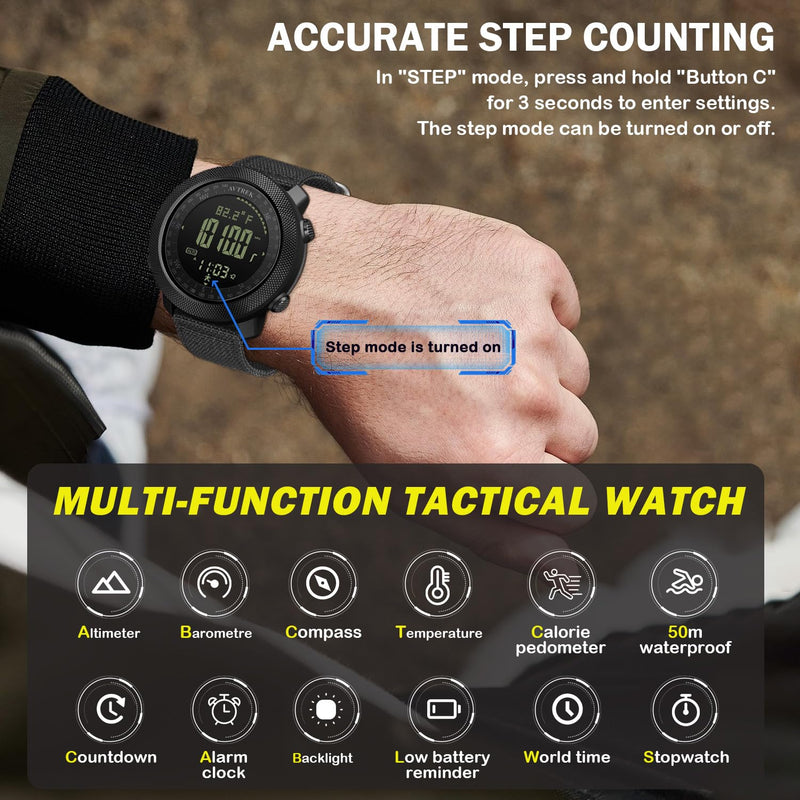 AVTREK Military Army Watch Altimeter Barometer Compass 50m Waterproof-2106 | Men's Digital Wristwatch with Backlight/Pedometer Calorie and Mileage Tracking,Outdoor Fitness Tracker BLACK