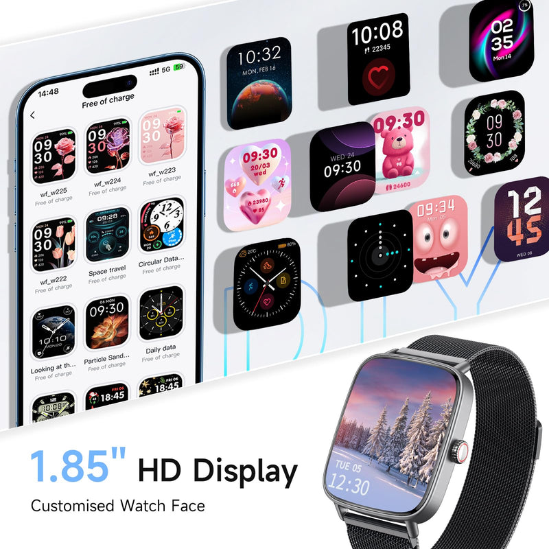 Smart Watch for Women, 1.85" HD Smartwatch Compatible iPhone/Samsung/Android (Answer/Make Calls), 100+ Sport Modes Fitness Tracker with Heart Rate/Sleep/SpO2 Monitor, IP68 Waterproof, Metal Band
