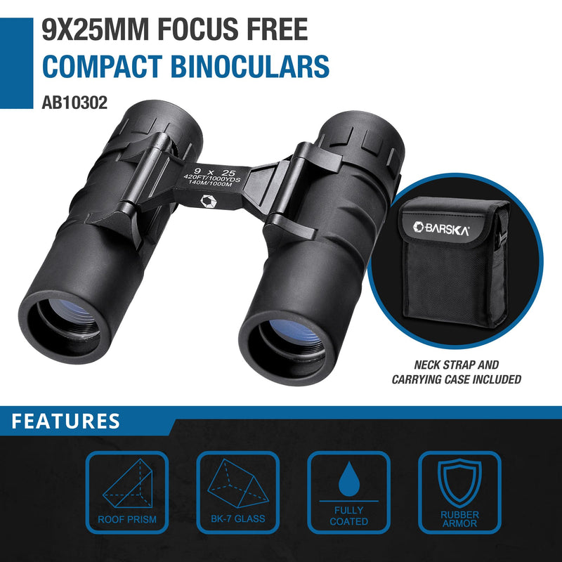 [AUSTRALIA] - Barska Focus Free Compact Binoculars 9x25 – No Focus Needed, Fully Coated Optics, Waterproof Shockproof Armor, Lightweight Binoculars for Hiking, Birding, Sports, Travel 