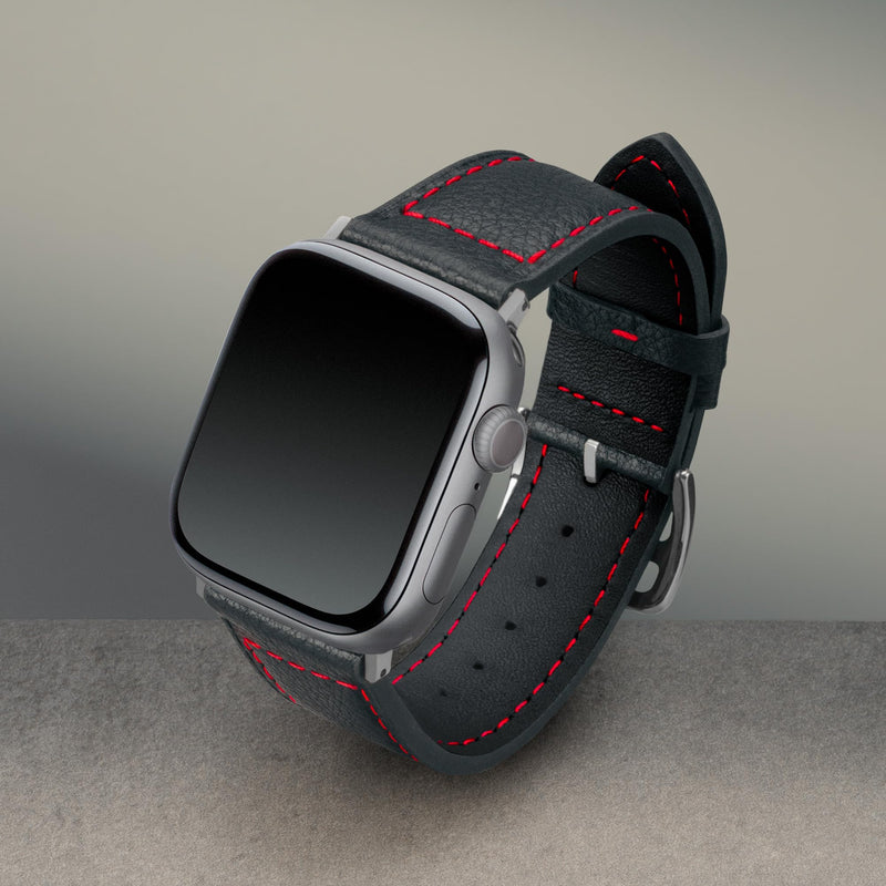 TORRO Leather Watch Strap Compatible with Apple Watch (All Series, SE and Ultra) – Genuine Leather Watch Band with Stainless Steel Buckle Black with Red Detail 42mm, 44mm, 45mm, and 49mm