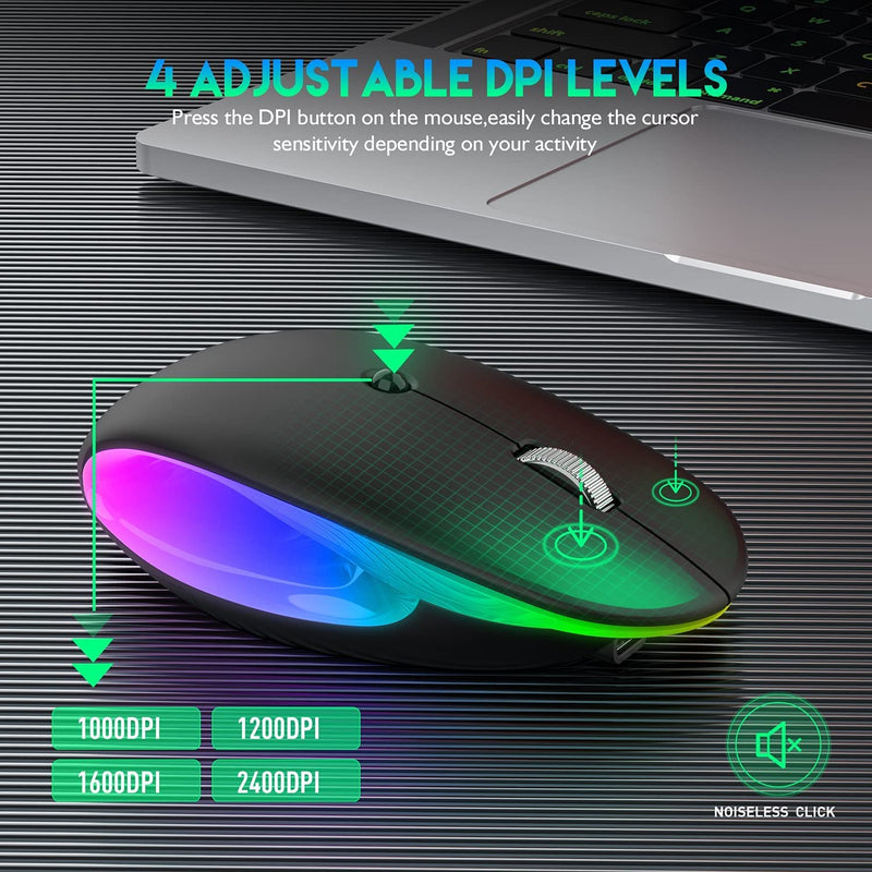 Dancesoul LED Rechargeable Wireless Mouse, 2.4G Noiseless Mouse with USB Receiver and RGB Light,Portable Computer Mice for PC, Tablet, Laptop-Black Mouse