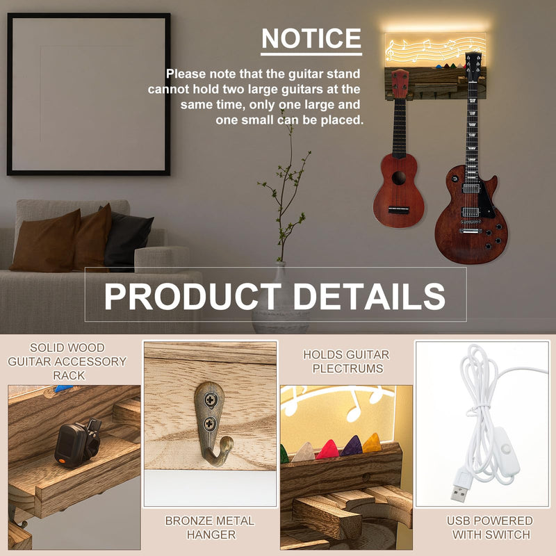Light up Guitar Stand Wall Mount Wood Hanger Shelf with Pick Holder and 3 Hooks for Acoustic Electric Bass Ukulele Violin Guitar Gifts for Musicians Music Lovers Guitarist(Light Color) Light Color