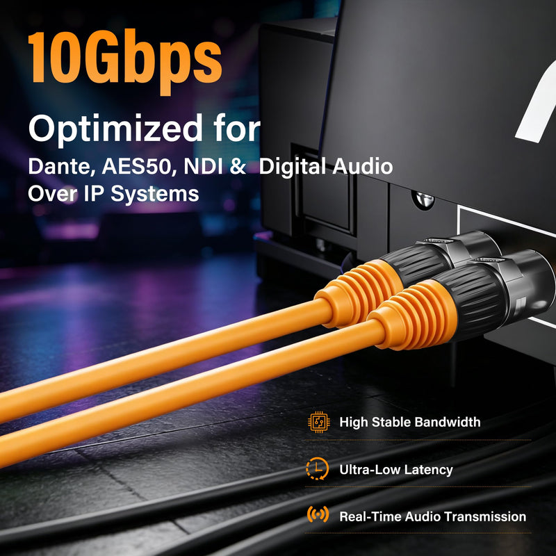 CAT6A S/FTP EtherCON Cable 60 FT,10Gbps Professional Audio & Lighting Locking RJ45 Cable,26AWG OFC UV Resistant PVC for DMX,Stage,Studio Live Touring,Concerts ,Studio-Grade Sound Transmission,Yellow