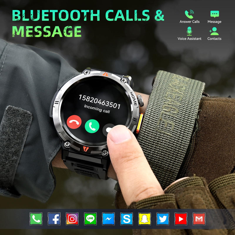 Military Smart Watches for Men Built-in GPS 3ATM Waterproof LED Flashlight | 1.45" Rugged Tactical Smartwatch with Compass/110+ Sports Modes Fitness Tracker with HR/SPO2/Sleep Monitor for iPhone Android Black orange