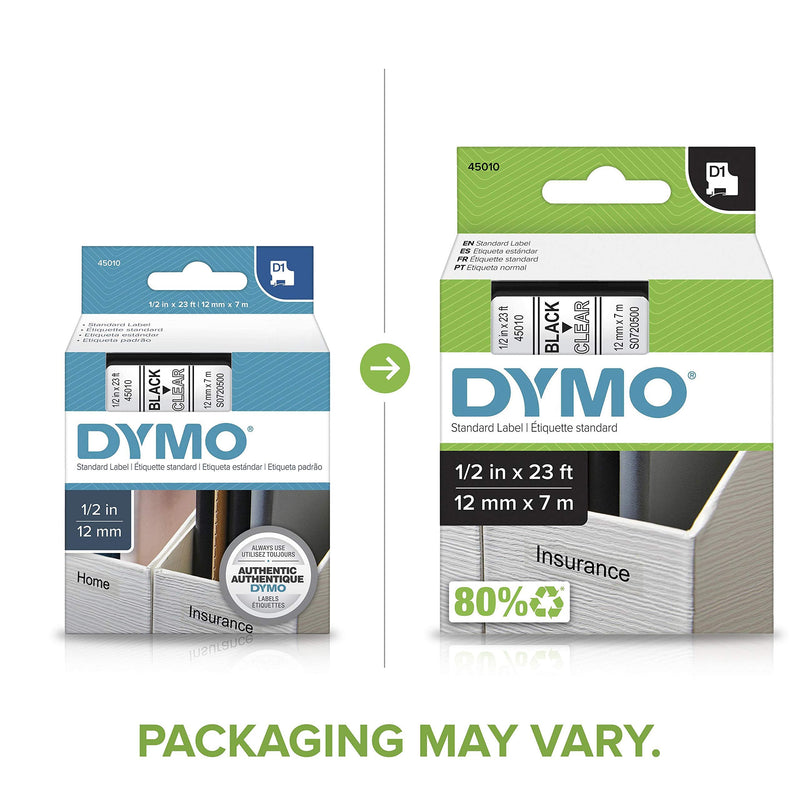 [AUSTRALIA] - DYMO Standard D1 45010 Labels for LabelManager Label Makers, 1/2" W x 23' L, Black Print on Clear Tape, Self-Adhesive, 1 Cartridge 1/2" Black on Clear 