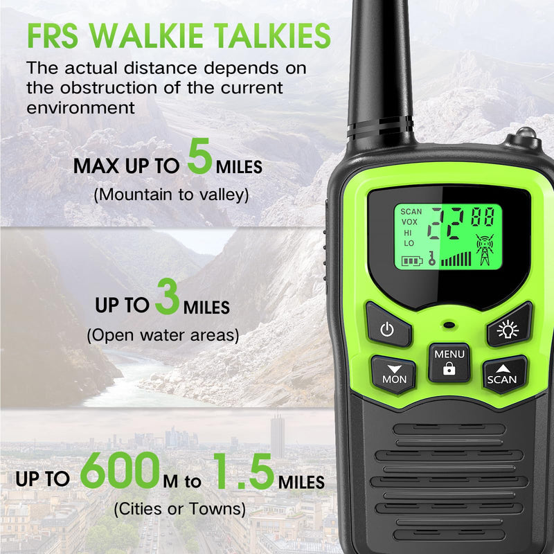 Walkie Talkies with 22 FRS Channels, MOICO Walkie Talkies for Adults with LED Flashlight VOX Scan LCD Display, Long Range Family Walkie Talkie Radios for Hiking Camping Trip (Green) Green