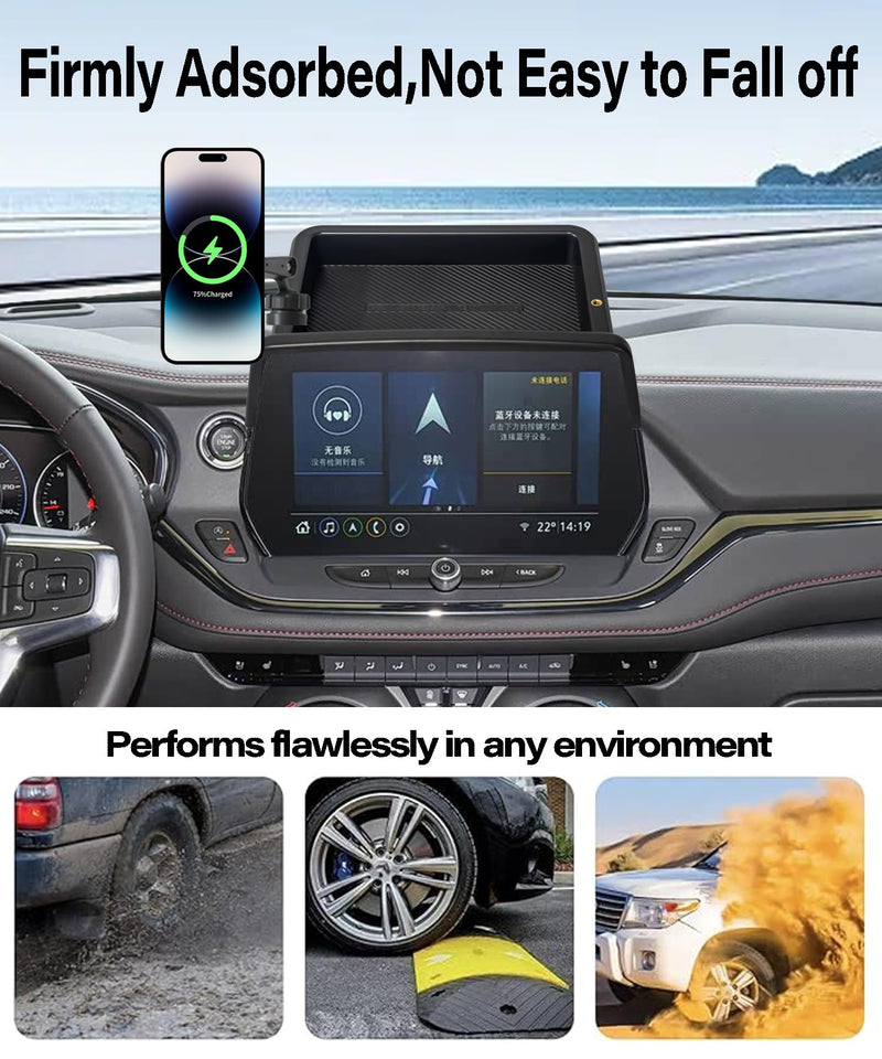 Car Phone Mount for Chevrolet Blazer 2023 2024 2025 2026 Accessories | 10.2-in Screen Clip-On 360° Rotatable MagSafe 15W Fast Wireless Charger Cell Phone Holder, 3D Fit Navigation Cradle for 2023-2026 Blazer(10.2 Inch+Storage Tray)