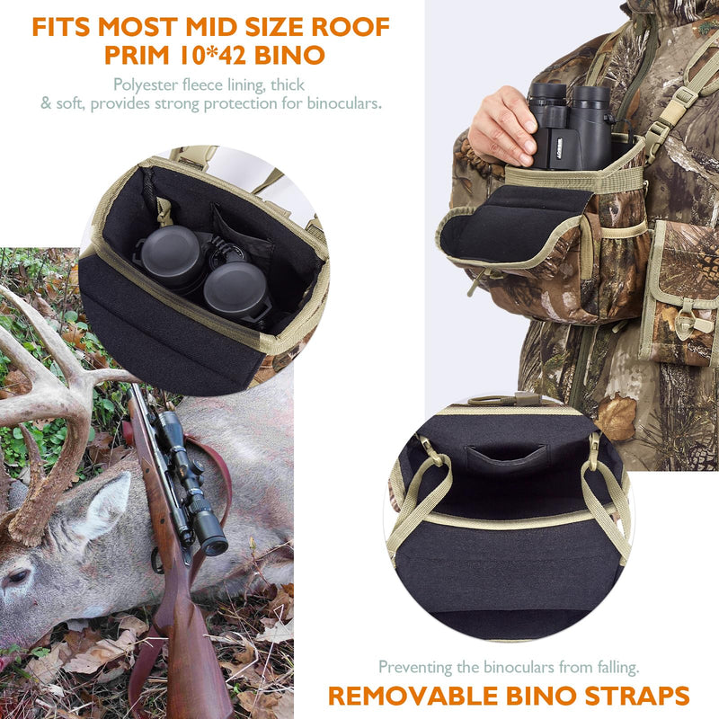 NEW VIEW Binocular Harness Chest Pack with Detachable Rangefinder Pouch, Adjustable Bino Harness & Rain Cover, Ideal for Hunting, Hiking - Camo & Quiet L