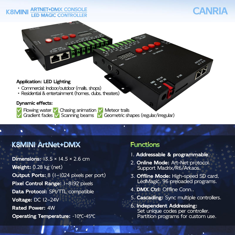 K8MINI ARTNET+DMX Console LED Pixel Controller, for SPI-TTL LED Light, Online Offline, Addressable Programmable, 2G SD Card With 96 Program Modes and Offline Software. K8 MINI ARTNET