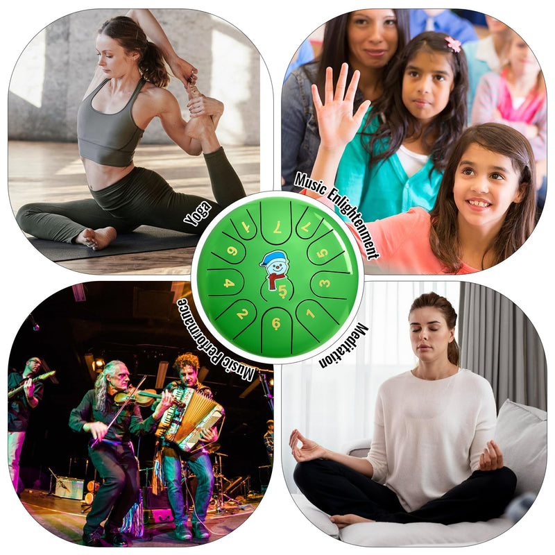 [AUSTRALIA] - Steel Tongue Drum -11 Note 6 Inch Tongue Drum Instrument - Hand Pan Drums with Music Book, Steel Handpan Drum Mallets and Carry Bag, C Major for Meditation or Yoga,Gift for Kid or Adults(Green) Green 
