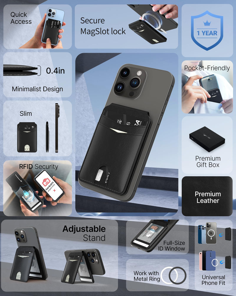 typecase Magnetic Wallet Compatible with Magsafe: Magnetic Phone Wallet & Card Holder for Apple iPhone 15 14 13 12 Pro Max - Adjustable Mag Safe Wallet Stand with 4 Card Slots - Black