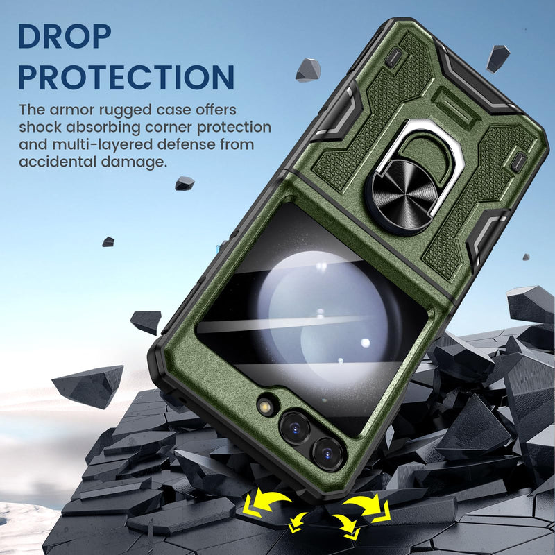 VEGO for Z Flip 5 Case with Hinge Protection, 360°Ring Magnetic Kickstand & Camera Screen Protector & Belt Clip Holster, Military Grade Shockproof Case for Samsung Galaxy Z Flip 5 - Green