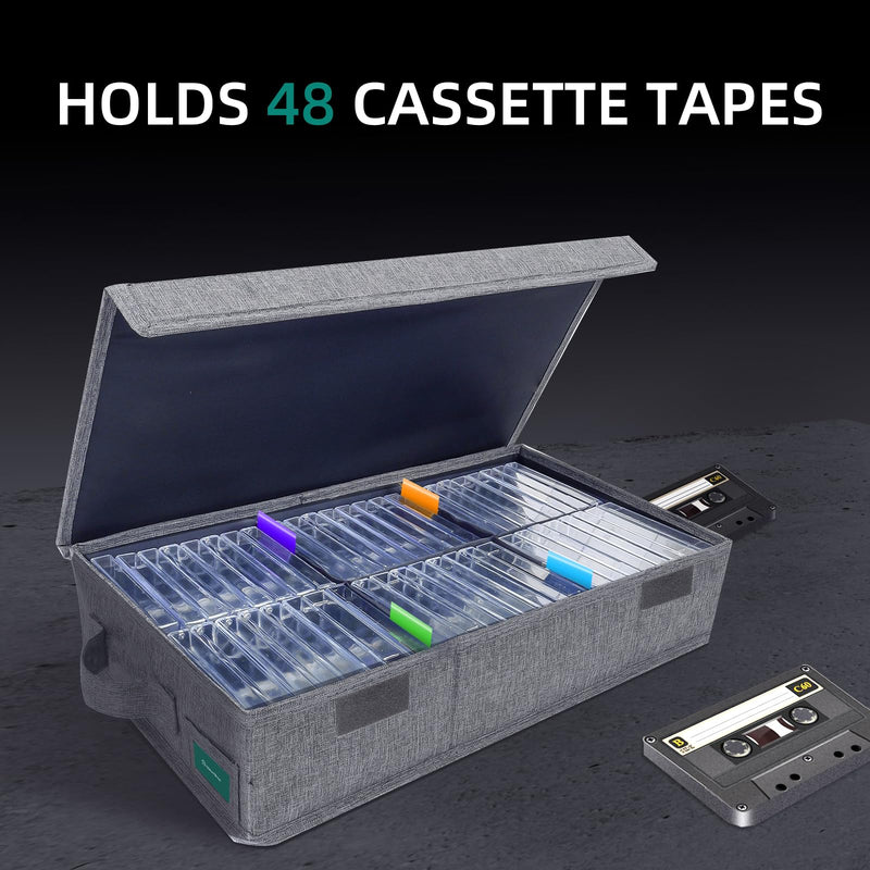 Cassette Tape Storage Box, Practical Cassette Tape Holder 16.34 x 9.25 x 3.54 Inch, Cassette Rack with Lids and Index Labels to store to 48 Cassette Tape Cases - Gray TAPE-1 Pack