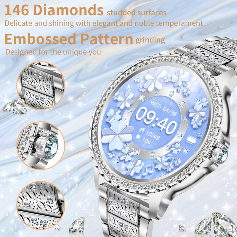 Smart Watch for Women with Diamonds (Answer/Make Call),1.32''Full Screen Smart Watch for Android /iOS,Fitness Tracker with Heart Rate/Blood Oxygen/Sleep Monitor/AI Voice Watches for Women,3 Straps Silver