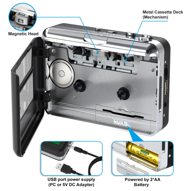 DIGITNOW USB Cassette Player, Portable Walkman Stereo Tape to MP3 Converter, Audio Music Recorder to MP3 Digital File Converter with Earphones, No PC Required, Black, BR607