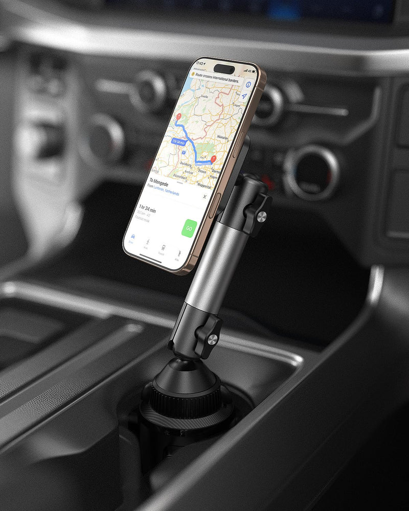 APPS2Car Heavy Duty Magnetic Cup Phone Holder Mount | Aluminum Arm | Dual Ring N55 Magnets | Fits 3"-4" Cup Holders, 20mm Ball Joint | Compatible with MagSafe iPhone, Samsung, Smartphones