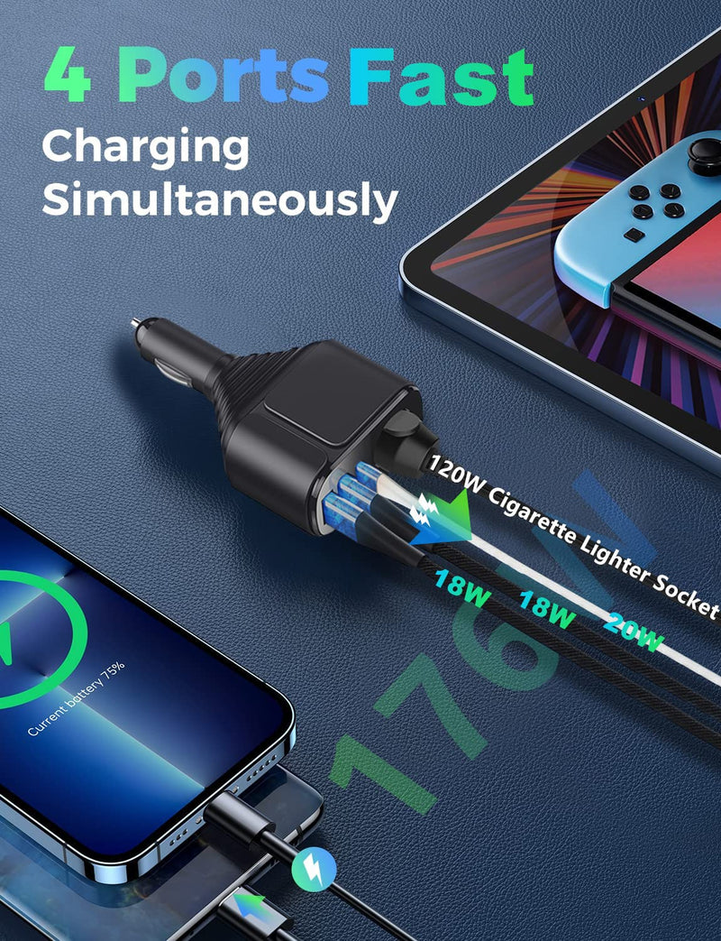 IDOLCO 176W [PD3.0& DualQC3.0] USB C Car Charger & 4 in 1 36W Car Charger Multi USB Cigarette Lighter Adapter