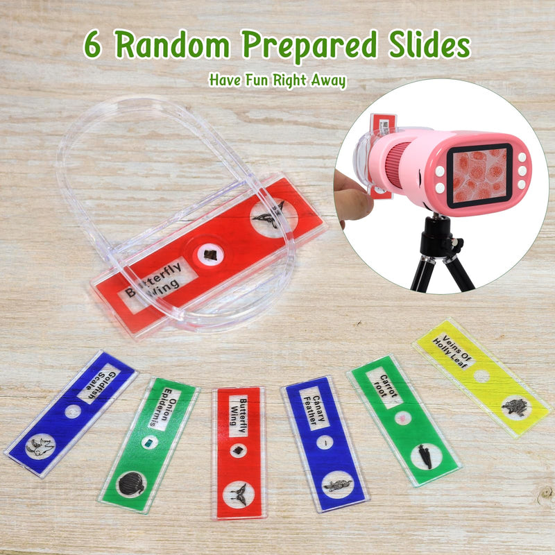 Handheld Digital Microscope for Kids with 2'' HD Screen, 200~1000X Pocket Microscope, Starter Kit with 6 Random Specimen Slides and 32G SD Card Included, Educational Gift for Children Age 6+ (Pink) Pink