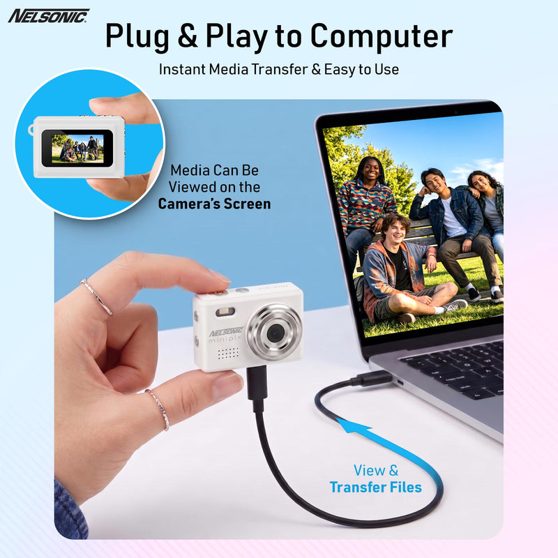 MiniPix 1080P Digital Keychain Camera, 8GB Card, USB-C, White | 0.96-inch color screen, 1MP sensor, photo/video capture, pocket size, clip-on design, rechargeable, travel, gifts, teens, 6+