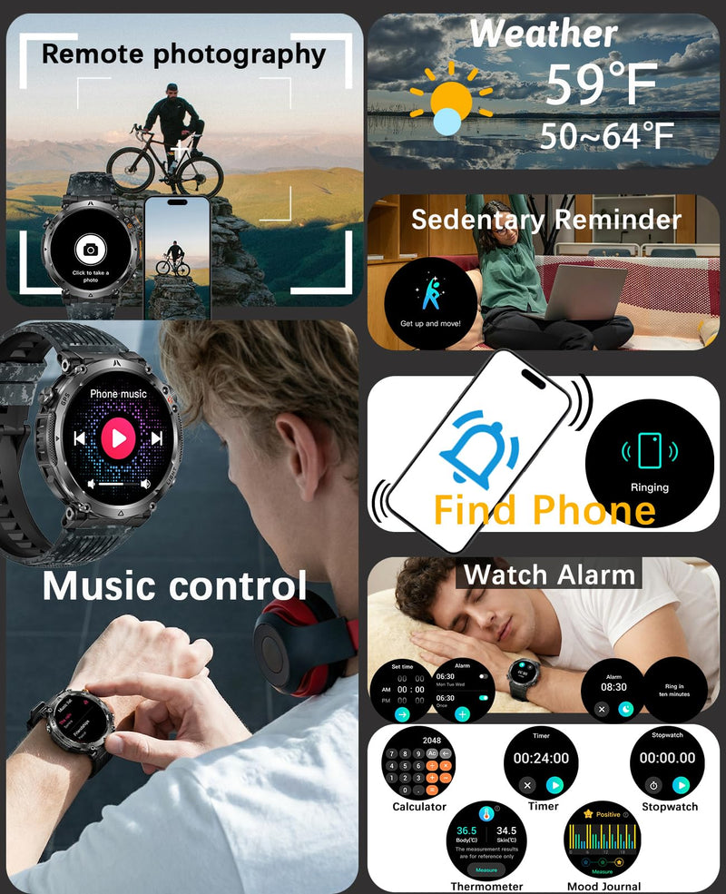 Men's Military Smart Watch with GPS,Compass for Outdoor 1.7" HD Big Face | Fitness Tracker with Bluetooth Calling,Heart Rate/Sleep Monitor/100+ Sports Modes,Long Battery,for Android & IOS 2 Bands Camouflage Black