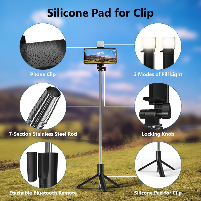 Selfie Stick, 40 in Retractable Phone Tripod with Wireless Remote Control & Light, Portable Selfie Stick Tripod for Photograph, Live Streaming, Video Recording, Compatible with All Cellphones Black