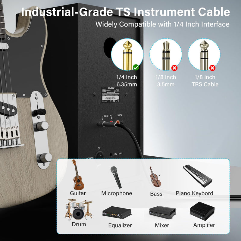 Elecan Premium 6.35mm Guitar Cable 30 Ft/2 Pack, 1/4 Inch TS to 1/4 Instrument Cable, Mono Jack 12 AWG Unbalanced Bass AMP Cord Male to Male for Electric Guitar, Bass, Keyboard,Pro Audio-OD 9.5MM+Ties 30FT-2PK