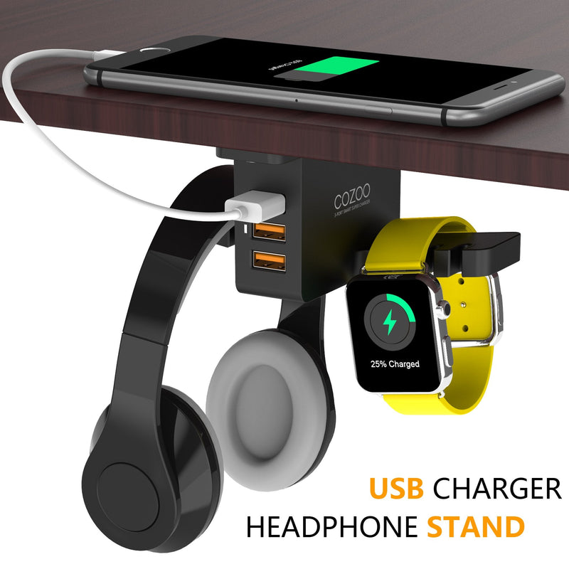 Headphone Stand with USB Charger COZOO Under Desk Headset Holder Mount with 3 Port USB Charging Station and iWatch Stand Smart Watch Charging Dock Dual Earphone Hanger Hook,UL Tested Black