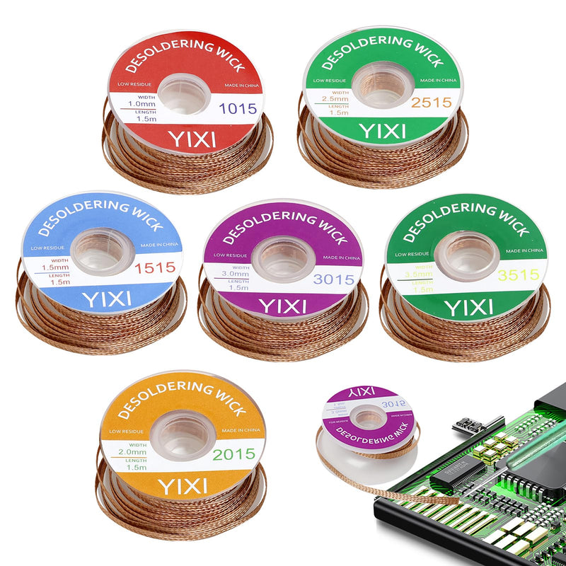 Pack of 6 Desoldering Wire, No-Clean Soldering Braid 1.5 m Copper Wire (1.0/1.5/2.0/2.5/3.0/3.5 mm) for Desoldering, Desoldering Wick for Removing Solder and Disassembling Electrical Components