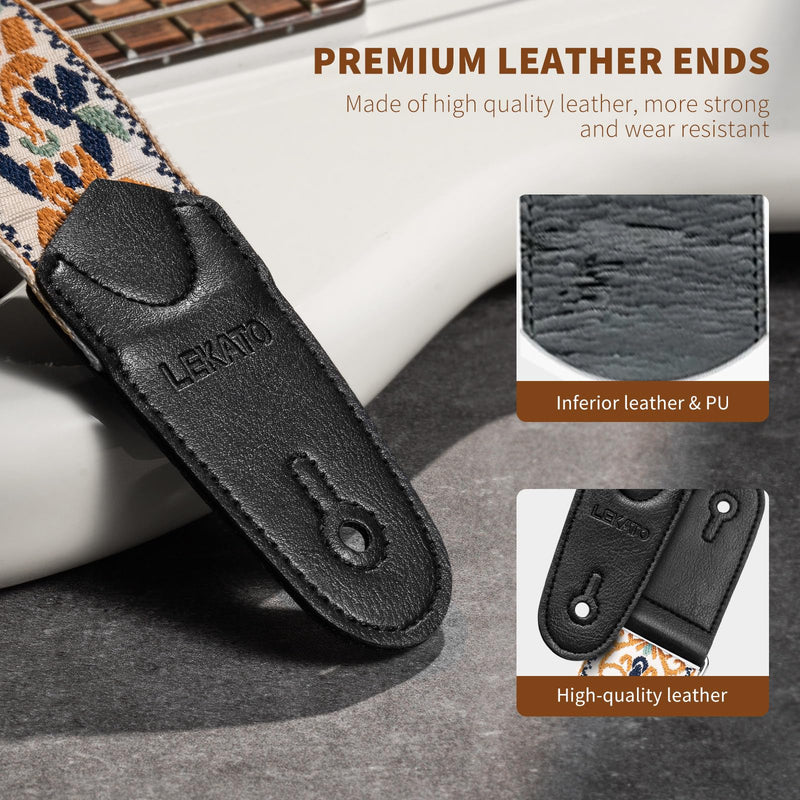 LEKATO Guitar Strap for Electric Bass Acoustic Guitar, Floral Jacquard Embroidery 2? Wide Guitar Straps Bass Strap Padded Guitar Straps with Picks & Blocks (Golden Flower White)