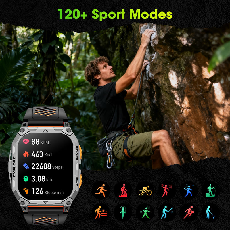 Smart Watches for Men, 2.01" HD Military Smart Watch with 1000mAh High-Capacity Battery/Led Flashlight/Answer/Make Call/Heart Rate/Sleep Monitor/Step Tracker, Fitness Tracker for Android/iPhone Orange