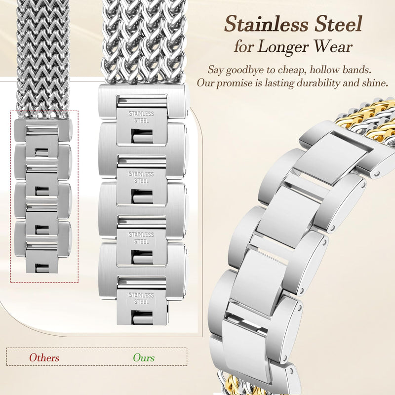 JR.DM Starlight Metal Watch Band Women 20mm Dressy Strap Stainless Steel Chain Bracelet Compatible with Samsung Galaxy Watch 7/6/5/4/Active 2/4 6 Classic/5 Pro/FE 40mm 42mm 43mm 44mm 45mm 46mm 47mm A5 Silver+Gold
