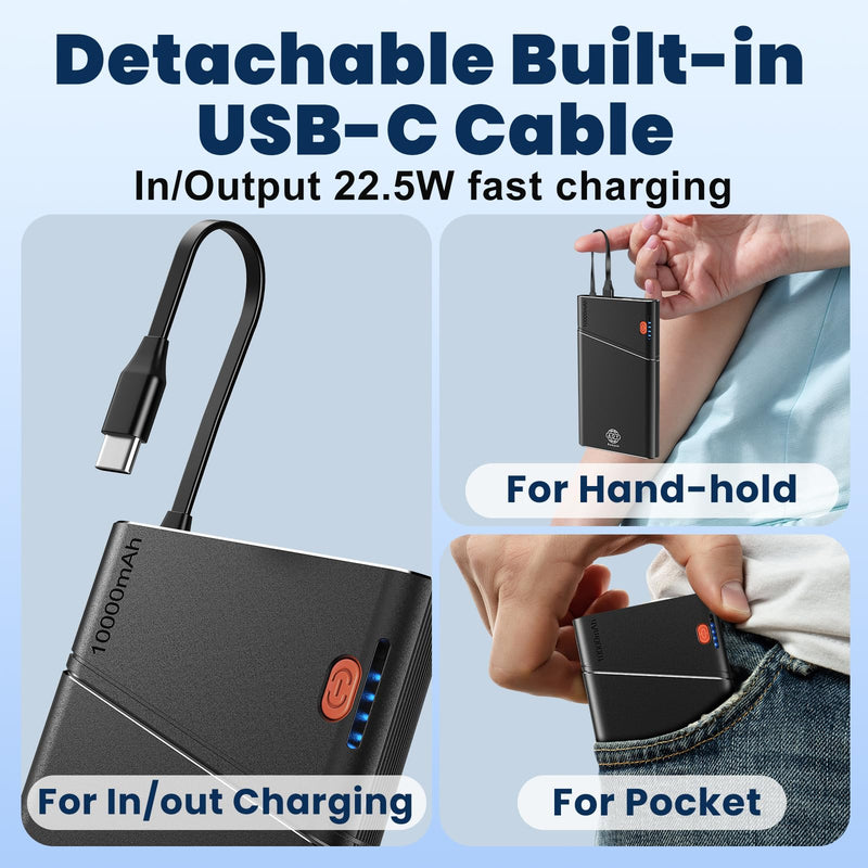 [AUSTRALIA] - Portable Charger, 22.5W PD Fast Charging 10000mAh Power Bank with Detachable USB C Cable for Travel, Slim Hands-Free External Battery Pack for iPhone 16/15/14 iPad Samsung S24 etc, Black 1 Pack 