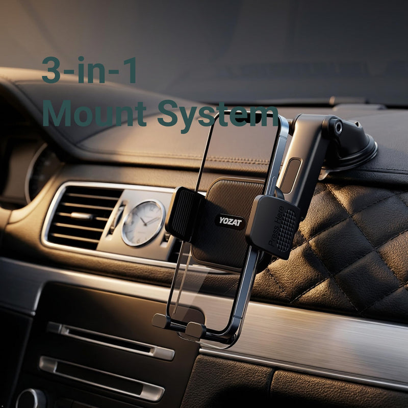 [2026 Upgraded Military-Grade Car Phone Holder Mount — Ultra-Stable Clamp Grip, 3-in-1 Dashboard/Windshield/Air Vent, One-Button Release — Heavy Duty Universal for iPhone & All Smartphones