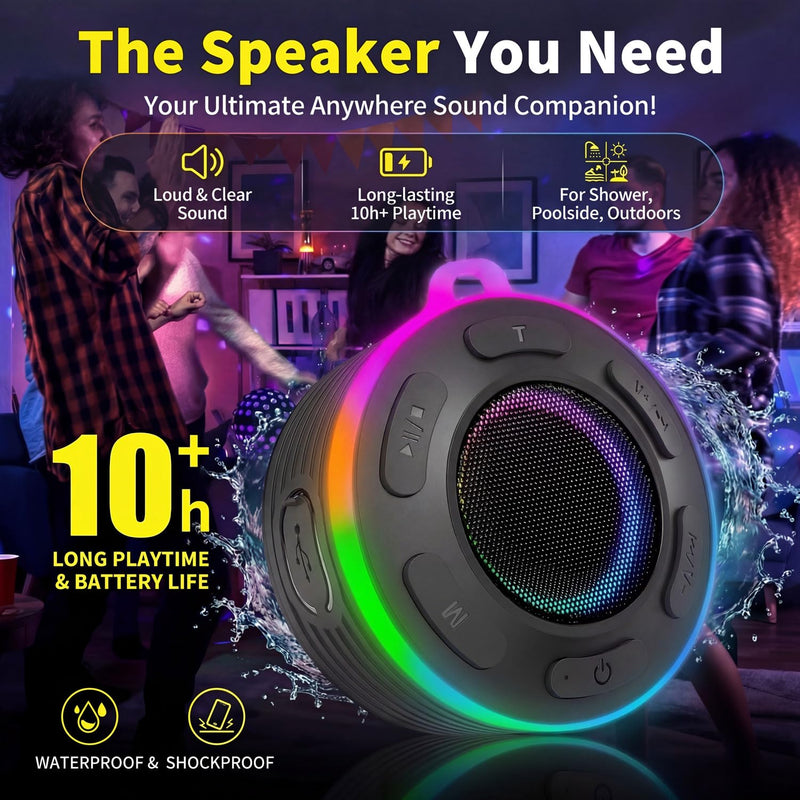 [AUSTRALIA] - Portable Bluetooth Speaker with vibrant led lights, IPX6 Waterproof, Loud Stereo Sound,Hands-Free Calling/Radio, for Shower, Beach, Outdoors, Over 10 H Playtime, Mini/Small, Suction Cup & Hook 