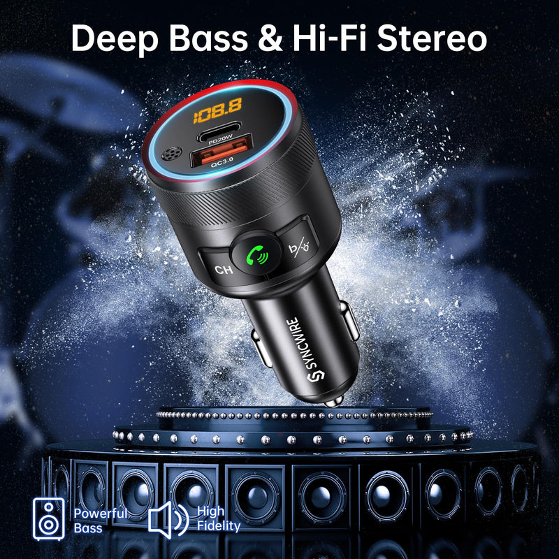 [AUSTRALIA] - Syncwire Bluetooth 5.4 FM Transmitter for Car, 38W PD&QC3.0 Dual USB Charging Bluetooth Car Adapter Microphone & Bass Sound MP3 Music Player FM Kit with Hands-Free Calling Black 