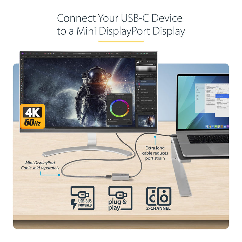 [AUSTRALIA] - StarTech.com USB C to Mini DisplayPort Adapter, 4K 60Hz USB Type C to mDP/Mini DP Monitor Video Converter Dongle, Thunderbolt 3 Compatible, 12" Attached Cable, Upgraded Version of CDP2MDP (CDP2MDPEC) Space Gray 12" / 30 cm 