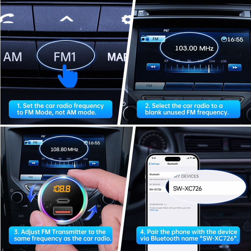 Syncwire Bluetooth 5.4 FM Transmitter for Car, 38W PD&QC3.0 Dual USB Charging Bluetooth Car Adapter Microphone & Bass Sound MP3 Music Player FM Kit with Hands-Free Calling Silver