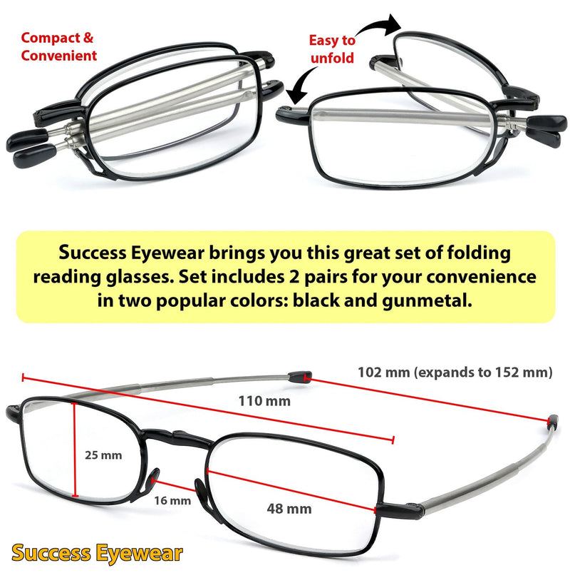 Reading Glasses 2 Pair Black and Gunmetal Readers Compact Folding Unisex Glasses for Reading Case Included Bundle: Set of Black and Gunmetal With 2 Cases 2.5 x