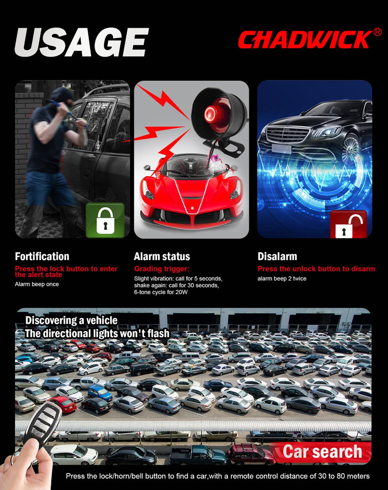 CHADWICK 12V Car Security Alarm with 2 Remote Controls, M810-8152 | Remote arming, disarming and vehicle search pair with seven sensitivity levels in this wired 12V alarm kit CW-8152