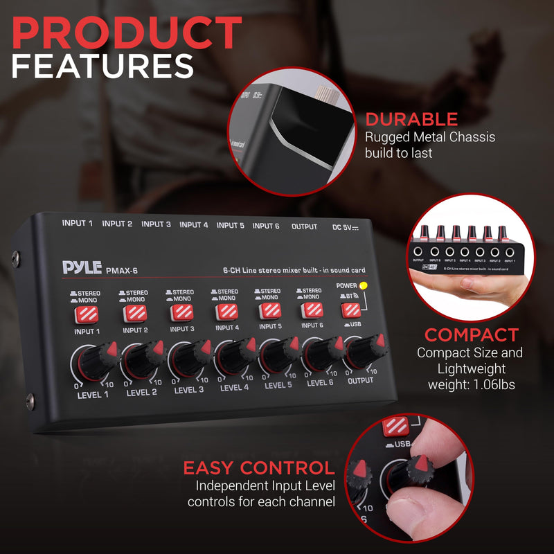 6-Channel Wireless BT Streaming Mini Line Mixer with USB Audio Interface - 6 Mono/Stereo Switching Inputs | Ultra-low Noise Design with High Headroom | Built-in USB Sound Card 6 Channel