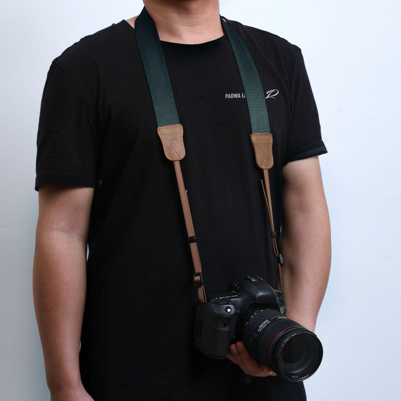 Padwa Lifestyle Dark Blue Green Camera Strap -Double Layer Crazy Horse Cowhide End,1.5" Wide Pure Cotton Woven Camera Straps,Adjustable Neck Shoulder Strap for All DSLR Cameras,Gift for Photographers A# - Dark Blue Green
