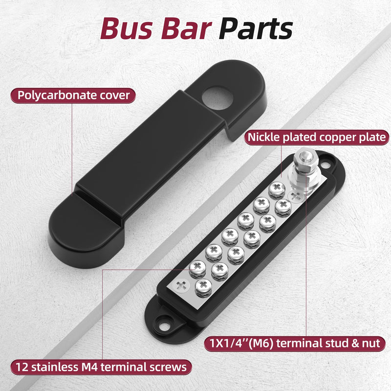 Power Distribution Block 12V 150A 1/4" Stud Marine Bus Bar 12 Volt DC Battery Busbar for Boat Automotive Solar Wiring