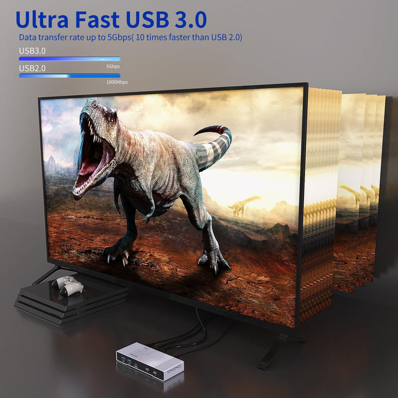 8K HDMI KVM Switch 2 Port, 8K@60Hz HDMI 2.1 KVM Switch for 2 Computers 1 Monitor 4 USB3.0 Hubs, Supports 4K@120Hz, 2K@144Hz, 1080P@240Hz (2 USB 3.0 Cable Included)