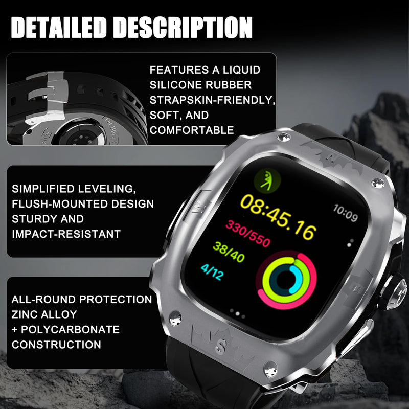 Rugged Metal Case with Silicone Band for Apple Watch Ultra 2/1 49mm, Shockproof Protective Cover with Strap Compatible with iWatch Ultra 2/1 49mm for Men (Silver) Silvery