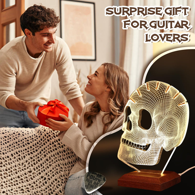 Light Up Guitar Pick Holder, Acrylic Skull Pick Holder with Wooden Base for Picks Storage and Display, Gift for Guitar Players Guitarists
