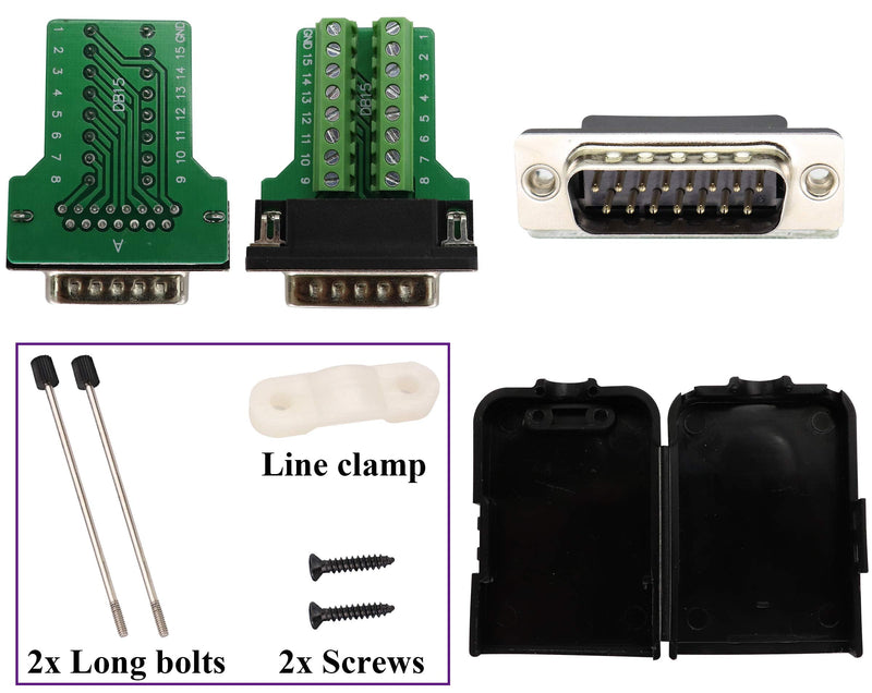 AAOTOKK DB15 Screw Terminal Block Adapter D-SUB 15 Pin 2 Row DB15 Male to 16 Pin/Way Female Serial Terminal Breakout Board Connector Signal Module with case (2Pcak/Male)