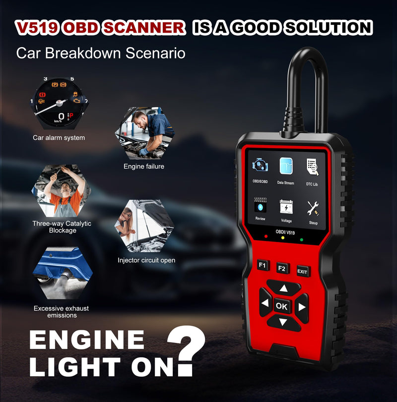 V519 OBD2 Diagnostic Scanner Tool - Vechicle Check Engine Light Code Reader with Battery Voltage Tester, I/M Readiness, Reset, and Code Eraser for All OBDII Car Since 1996 Red