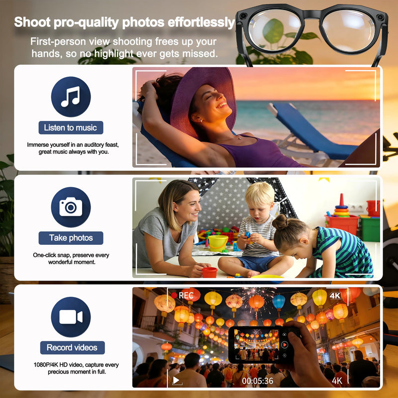 AI Smart Glasses with Camera: POV Video Recording & Bluetooth Audio | AI object recognition & translation, photochromic lenses, 290mAh battery W611White