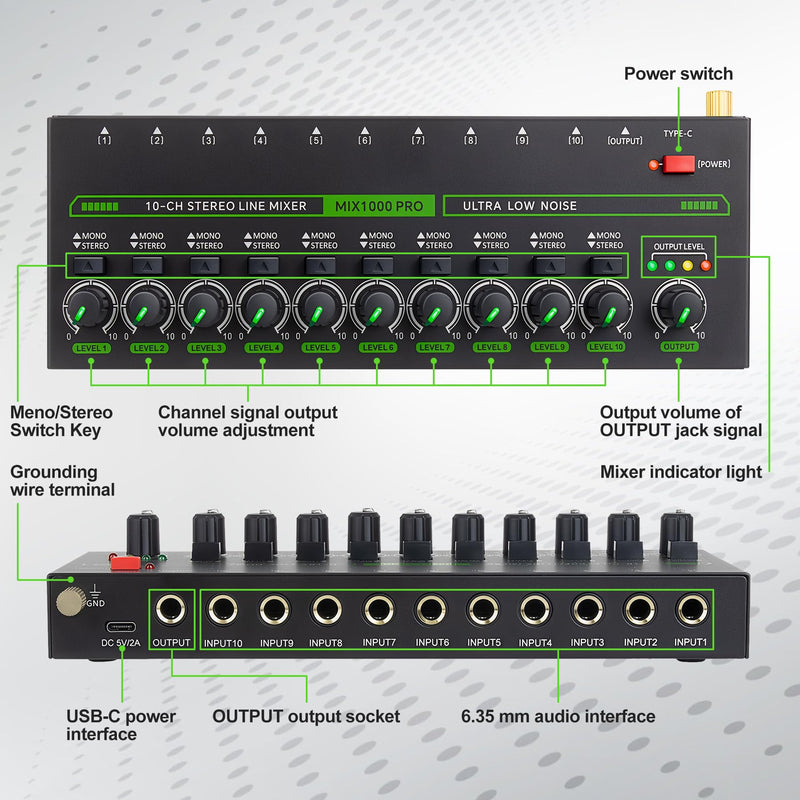 10 Channel Mixer, Compact Mini Mono/Stereo Audio Mixer Line Mixer for Sub-Mixing, Ultra-low Noise 6.35mm 1/4" TRS Input/Output, 5V/2A Sound Mixer for Mics/Keyboards Mixer/Guitars/Bass/Stage